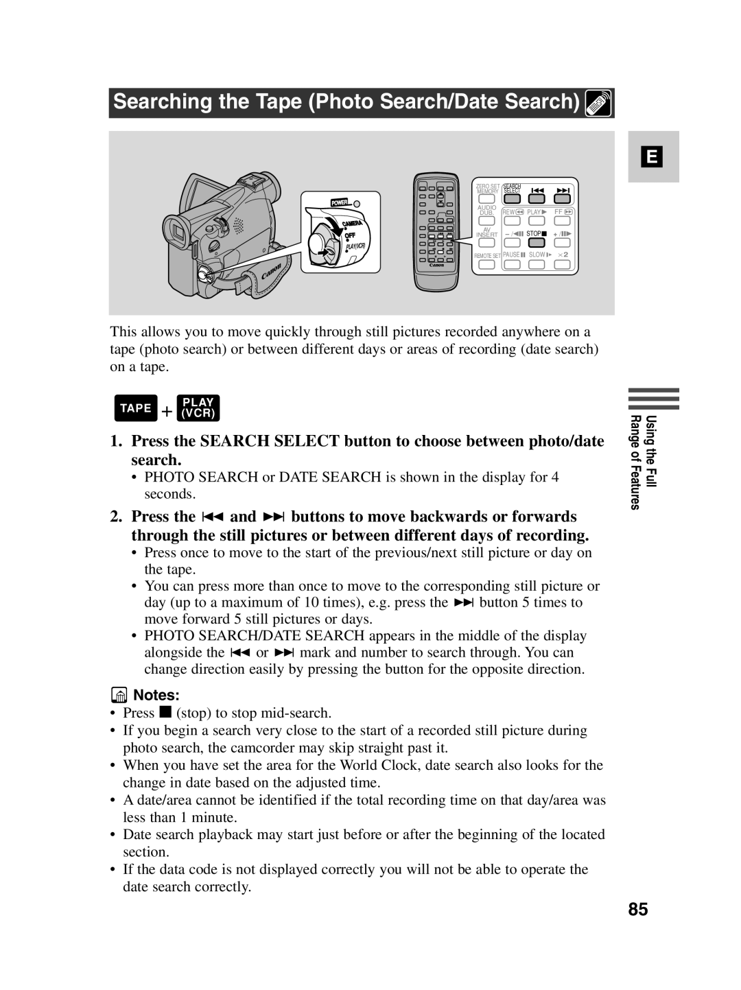 Canon MV550i, MV530i instruction manual Searching the Tape Photo Search/Date Search 