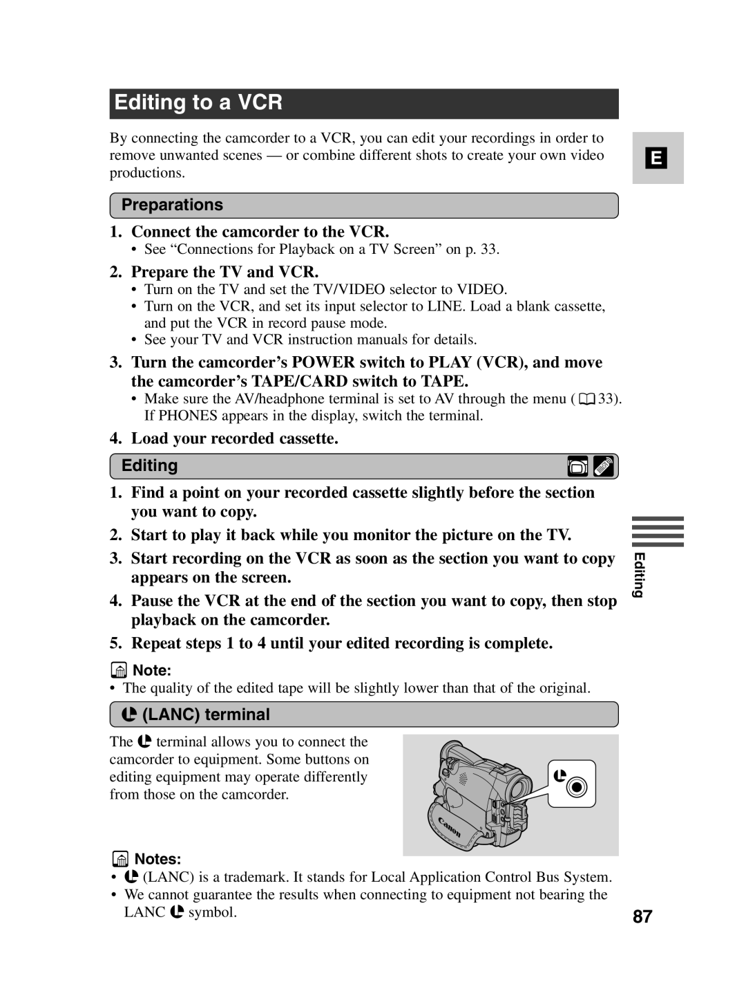 Canon MV550i, MV530i Editing to a VCR, Preparations, Connect the camcorder to the VCR, Prepare the TV and VCR 