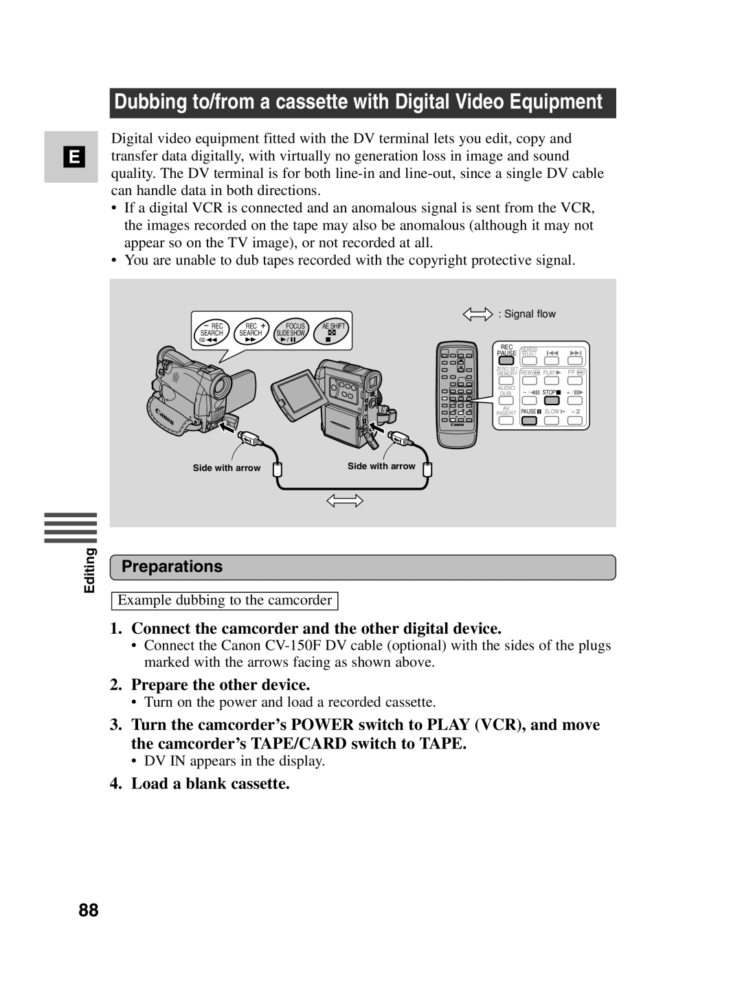 Canon MV530i, MV550i Connect the camcorder and the other digital device, Prepare the other device, Load a blank cassette 