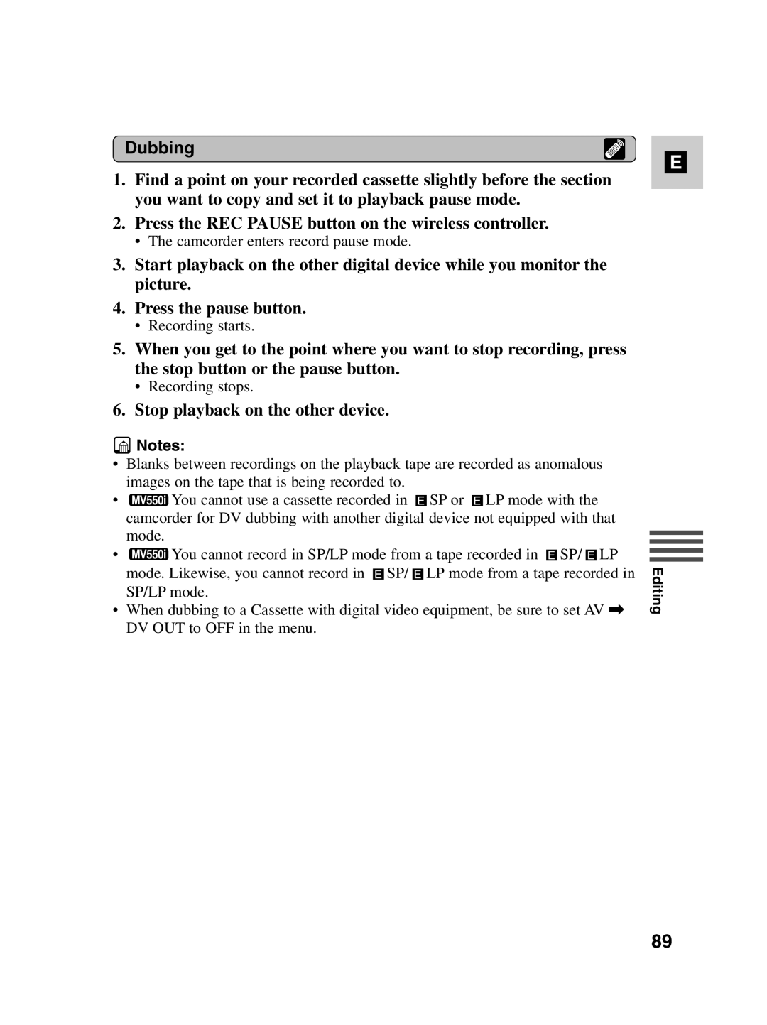 Canon MV550i, MV530i instruction manual Dubbing, Stop playback on the other device 