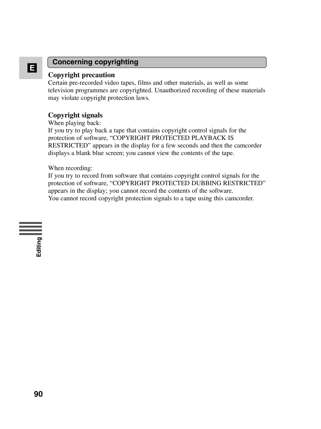 Canon MV530i, MV550i instruction manual Concerning copyrighting, Copyright precaution, Copyright signals 