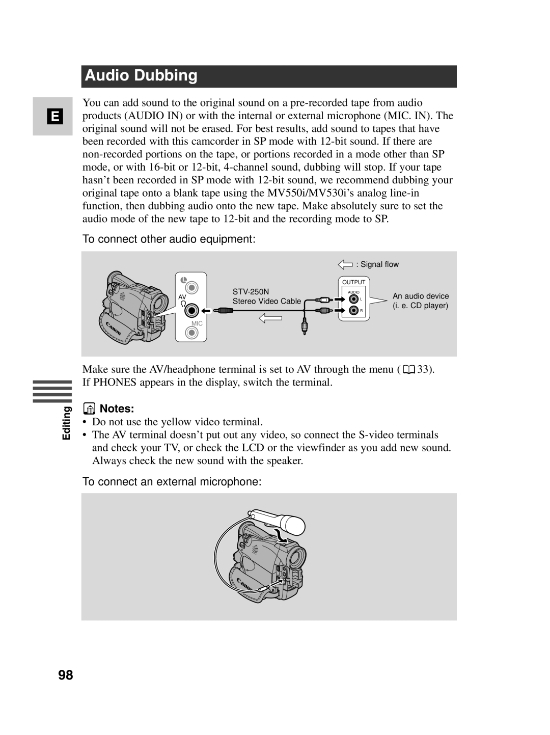 Canon MV530i, MV550i instruction manual Audio Dubbing, To connect other audio equipment, To connect an external microphone 