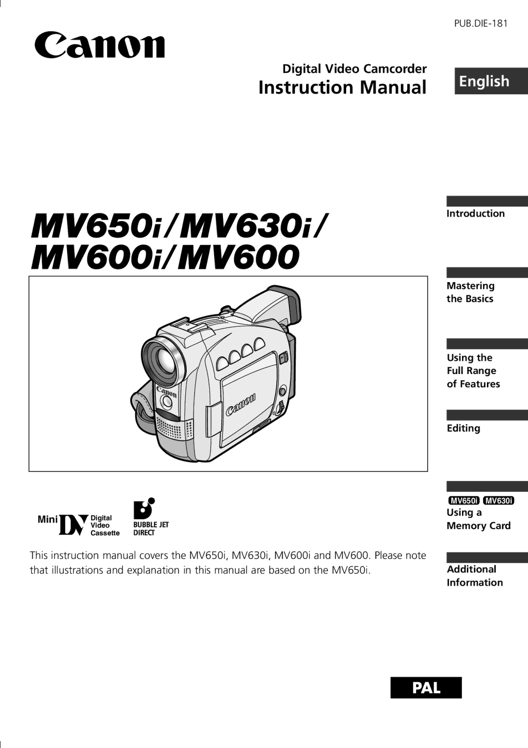 Canon MV600i, MV650i instruction manual English, Digital Video Camcorder 