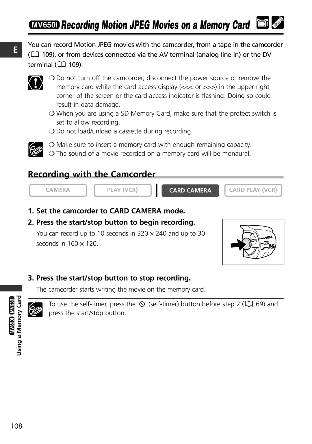 Canon MV600i instruction manual MV650i Recording Motion Jpeg Movies on a Memory Card 