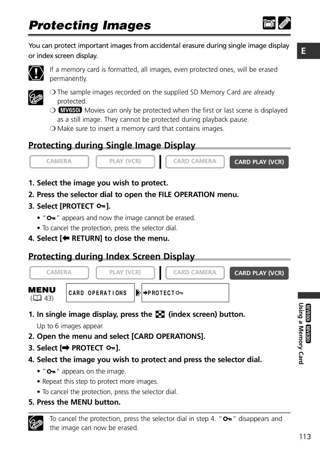 Canon MV600i, MV650i Protecting Images, Protecting during Single Image Display, Protecting during Index Screen Display 