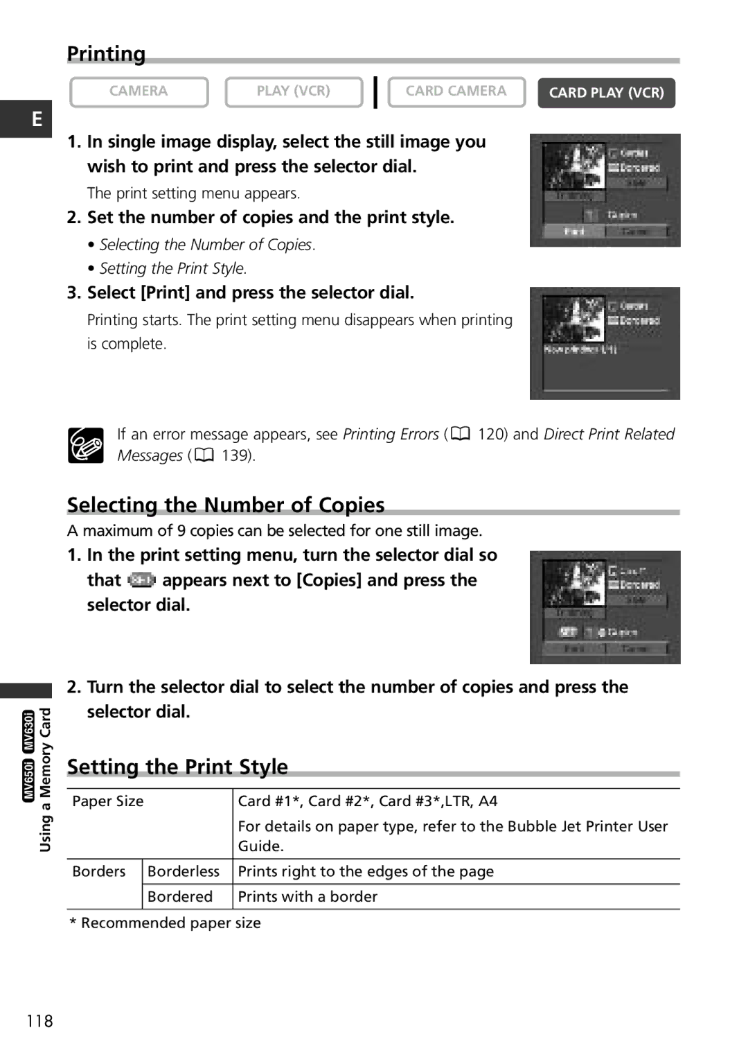 Canon MV650i Printing, Selecting the Number of Copies, Setting the Print Style, Select Print and press the selector dial 