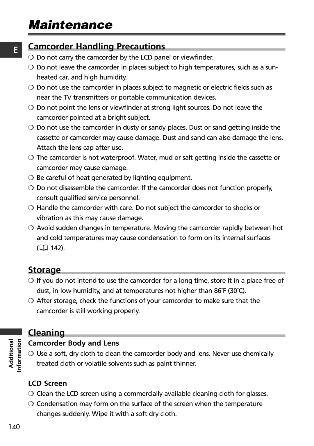 Canon MV650i, MV600i instruction manual Maintenance, Camcorder Handling Precautions, Storage, Cleaning 