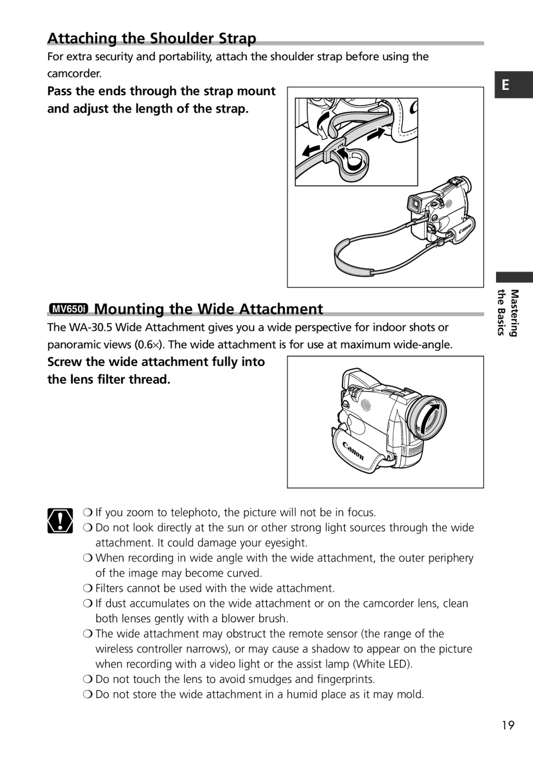 Canon MV600i instruction manual Attaching the Shoulder Strap, MV650i Mounting the Wide Attachment 