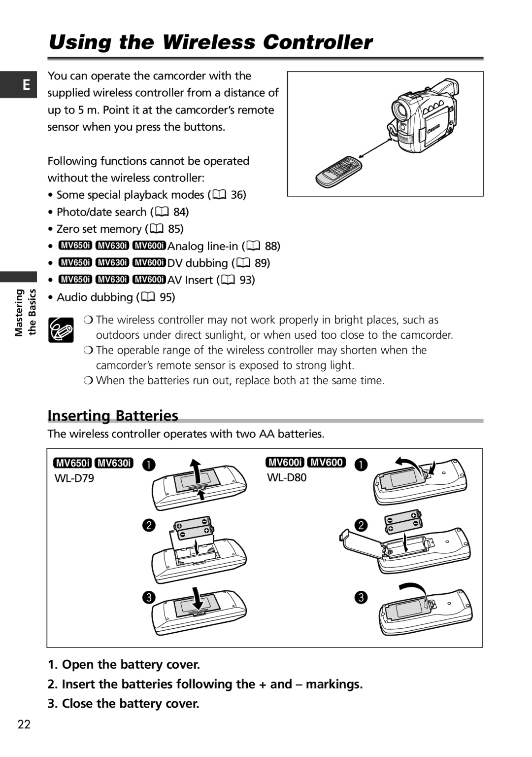 Canon MV650i, MV600i instruction manual Using the Wireless Controller, Inserting Batteries 