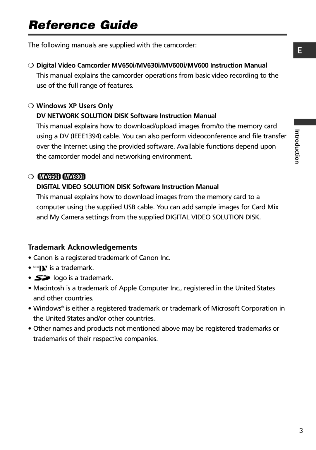 Canon MV600i, MV650i instruction manual Reference Guide, Trademark Acknowledgements 