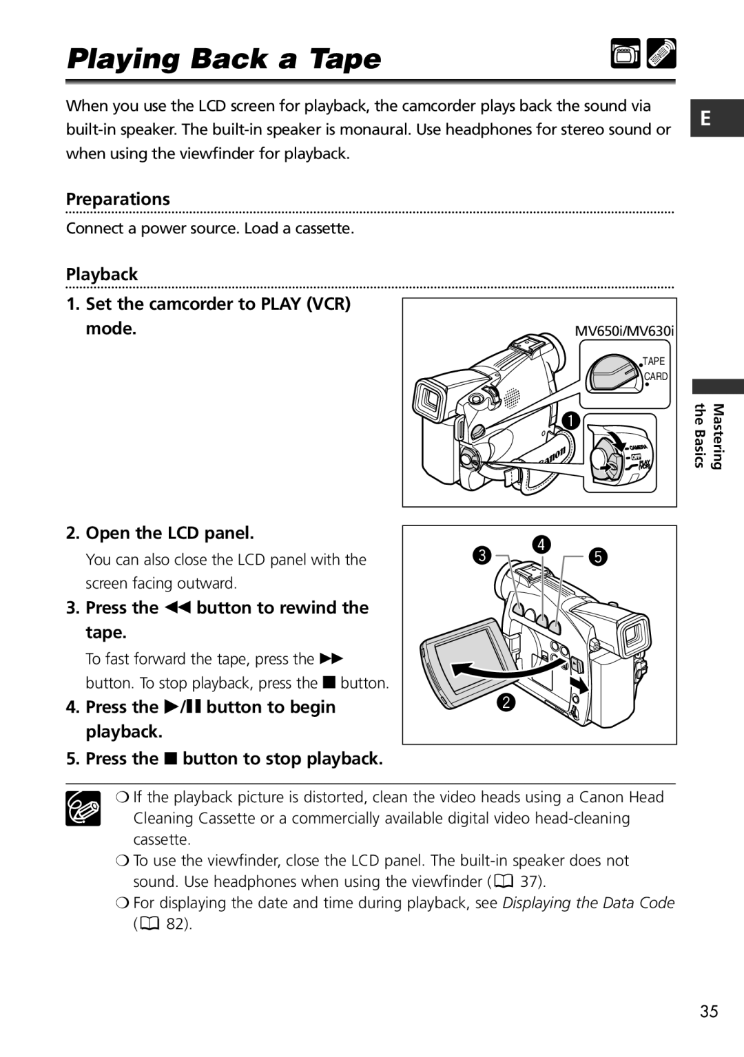 Canon MV600i, MV650i instruction manual Playing Back a Tape, Press the ` button to rewind the tape 