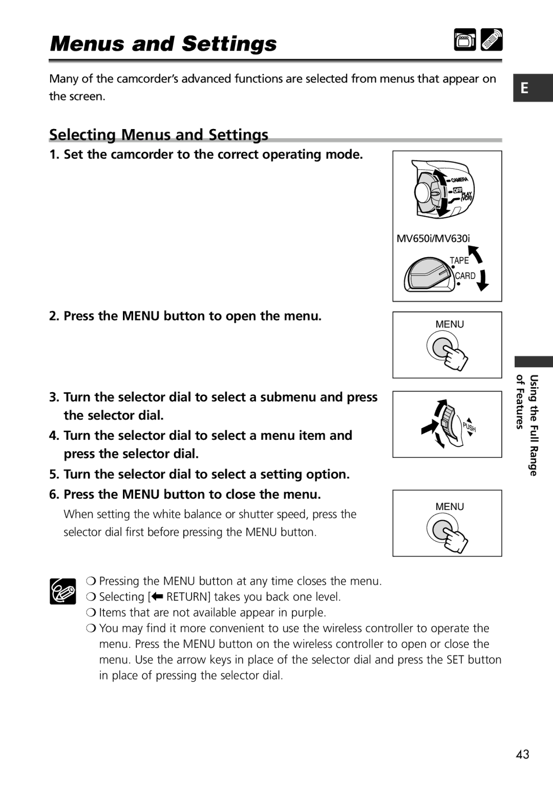 Canon MV600i, MV650i instruction manual Selecting Menus and Settings, Set the camcorder to the correct operating mode 