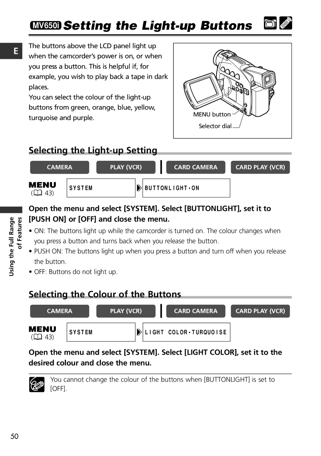 Canon MV600i MV650i Setting the Light-up Buttons, Selecting the Light-up Setting, Selecting the Colour of the Buttons 