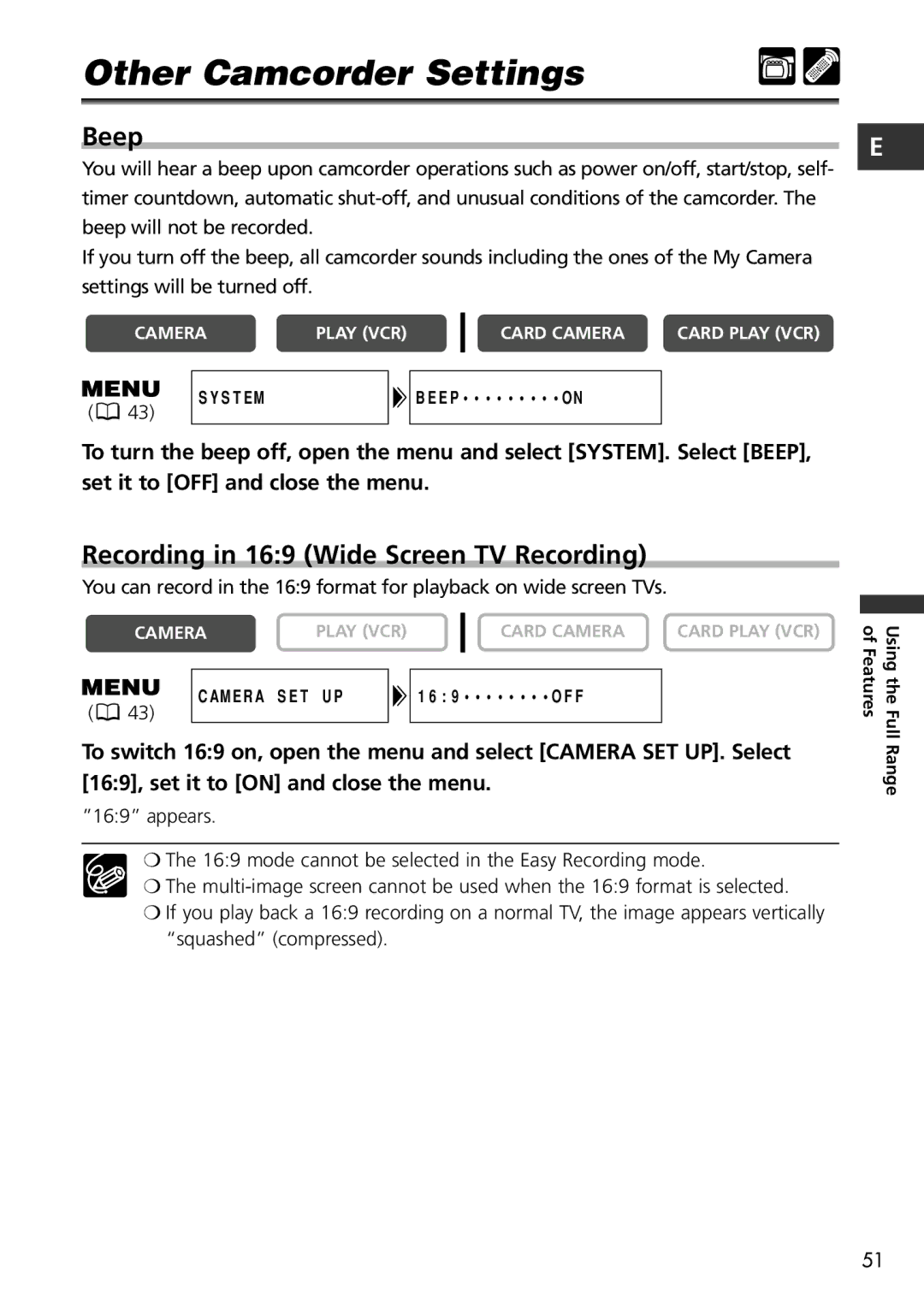 Canon MV600i, MV650i instruction manual Other Camcorder Settings, Recording in 169 Wide Screen TV Recording 