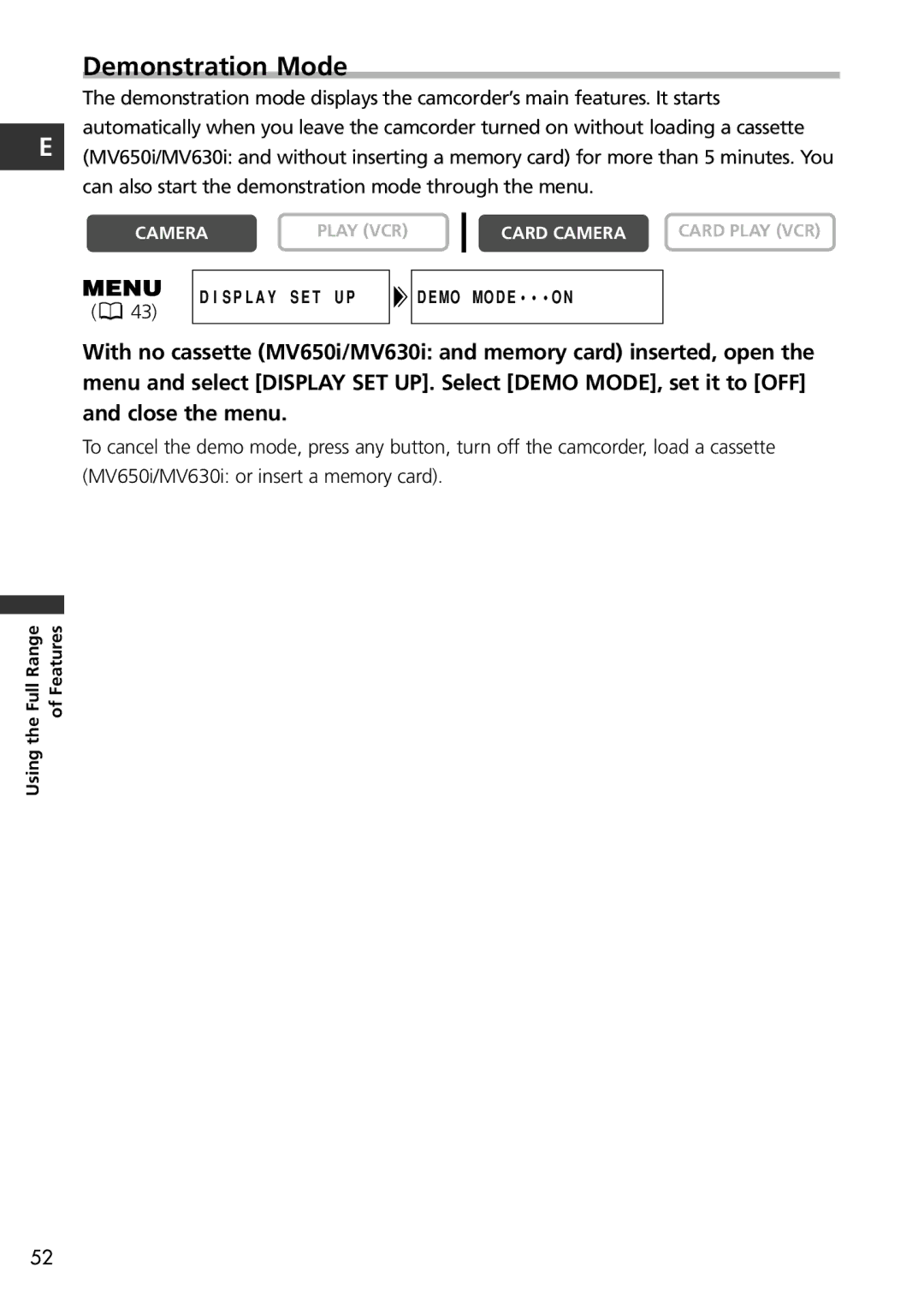 Canon MV650i, MV600i instruction manual Demonstration Mode 