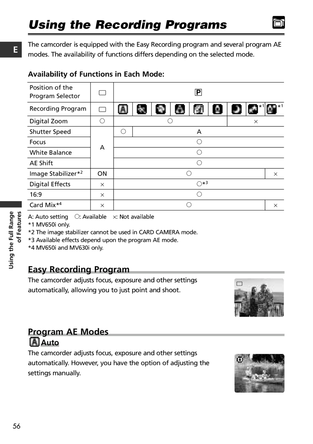 Canon MV650i, MV600i instruction manual Using the Recording Programs, Easy Recording Program, Program AE Modes 