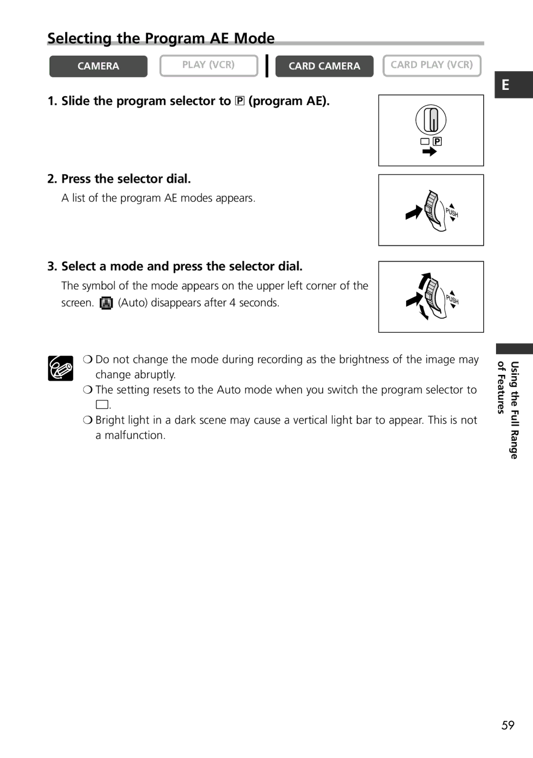 Canon MV600i, MV650i instruction manual Selecting the Program AE Mode, Select a mode and press the selector dial 