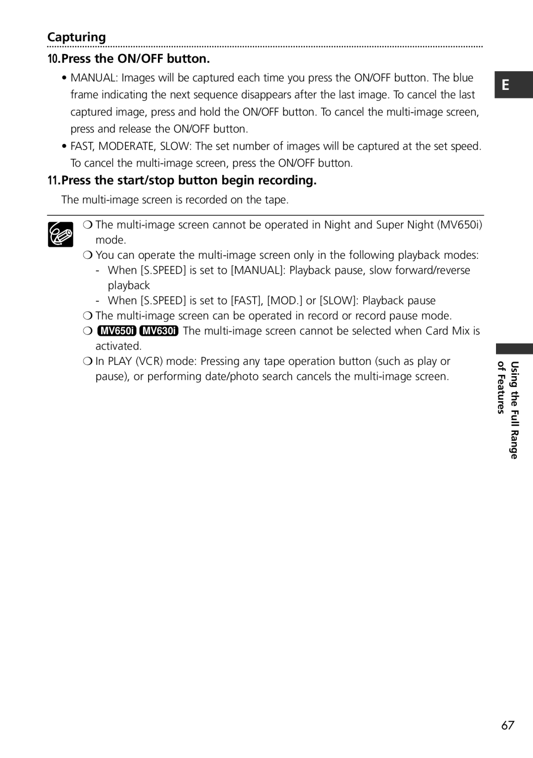 Canon MV600i, MV650i instruction manual Capturing Press the ON/OFF button, Press the start/stop button begin recording 