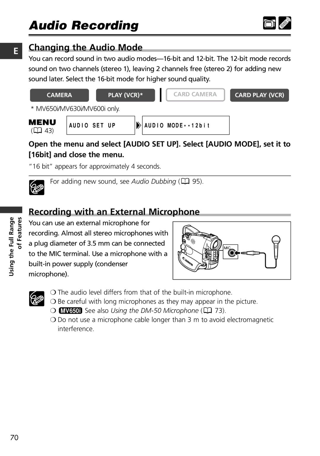 Canon MV650i, MV600i instruction manual Audio Recording, Changing the Audio Mode, Recording with an External Microphone 