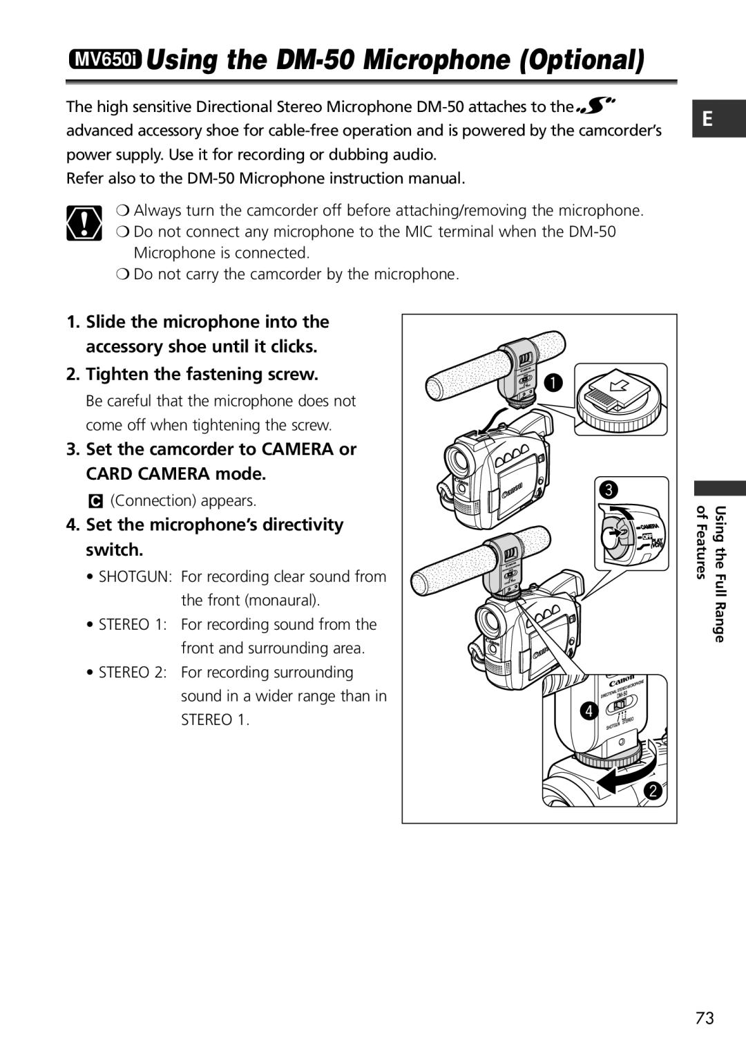 Canon MV600i instruction manual MV650i Using the DM-50 Microphone Optional, Set the camcorder to Camera or Card Camera mode 