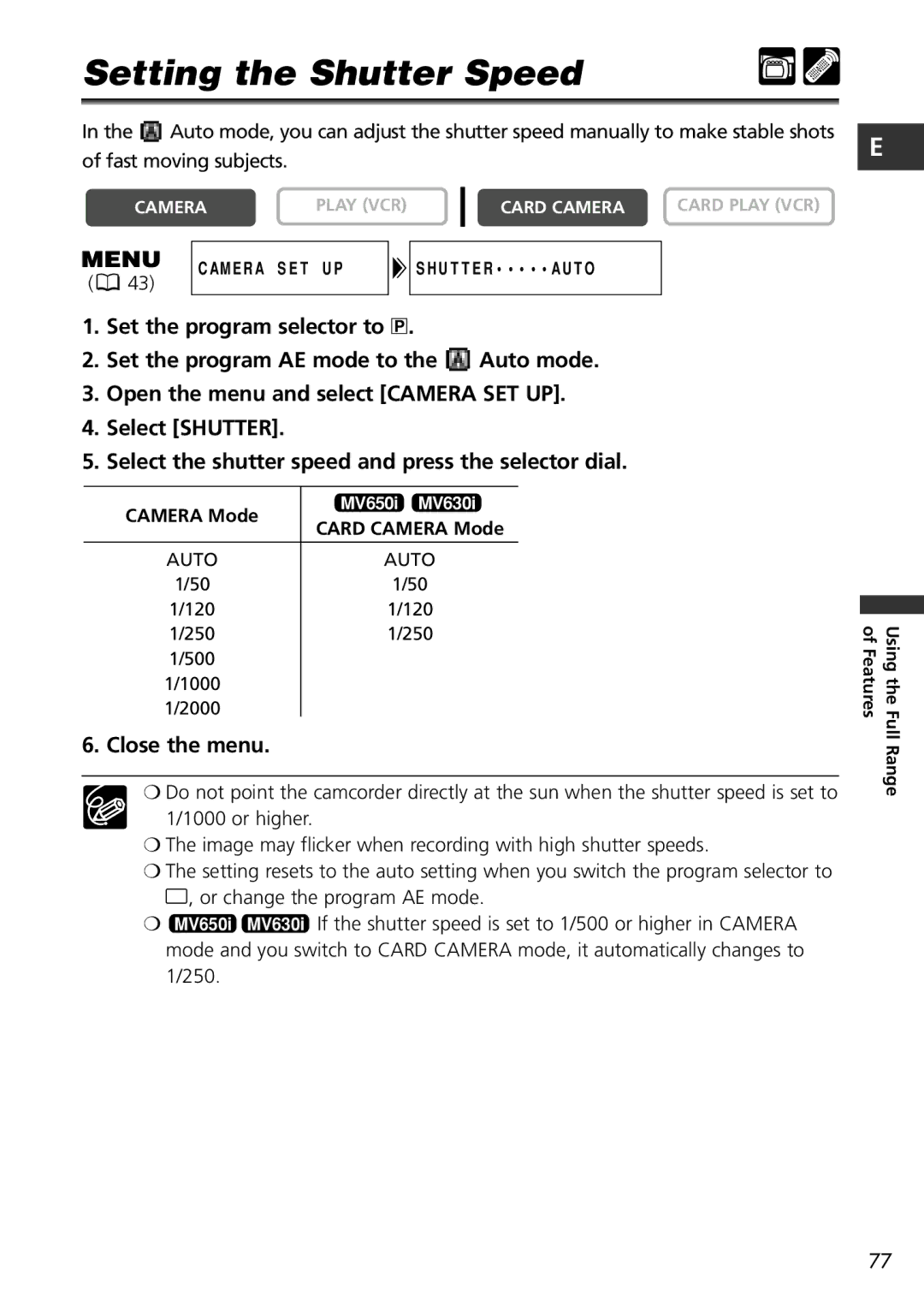 Canon MV600i, MV650i instruction manual Setting the Shutter Speed, Close the menu 