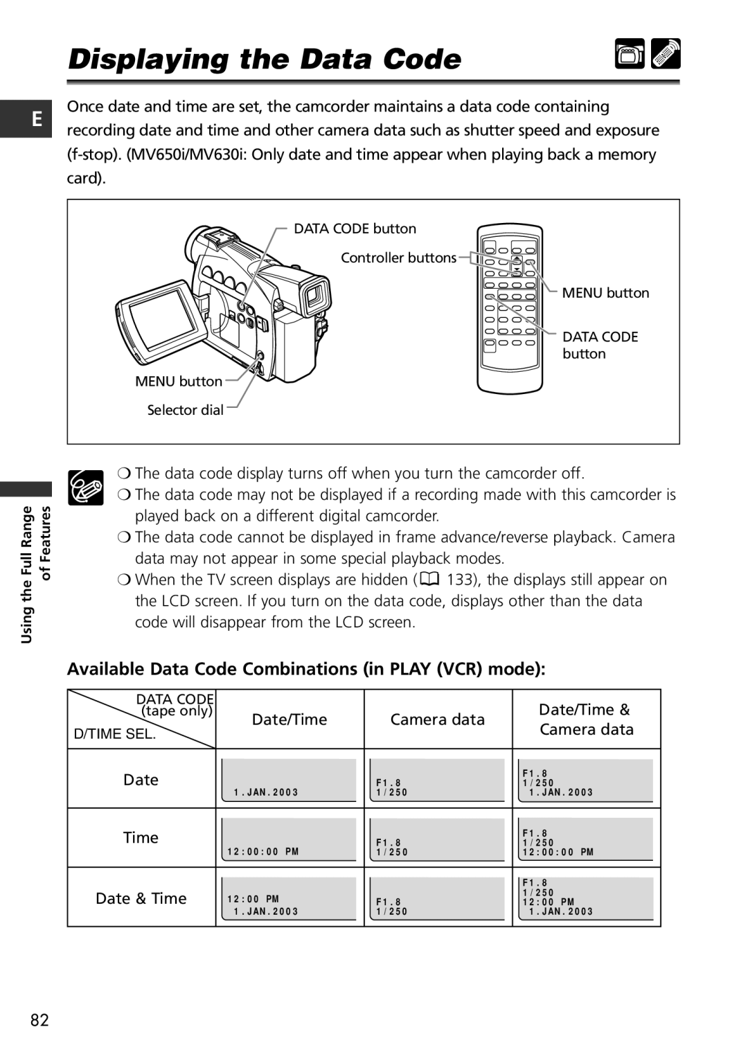 Canon MV650i, MV600i instruction manual Displaying the Data Code, Available Data Code Combinations in Play VCR mode 