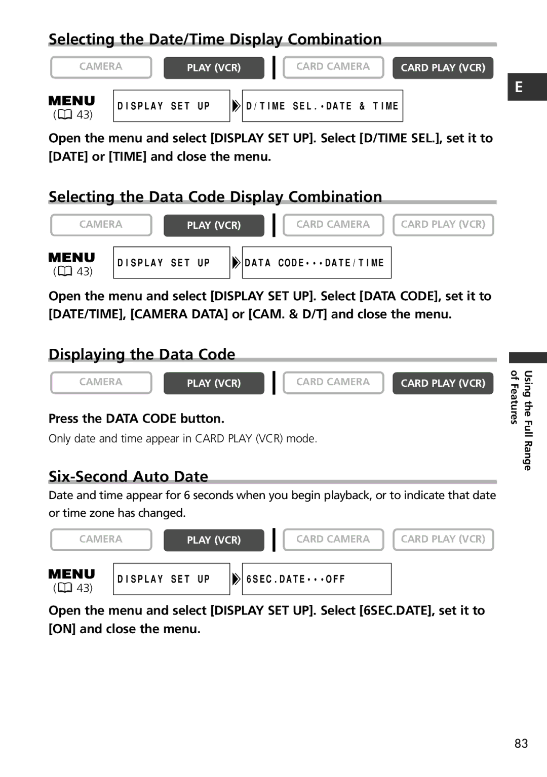 Canon MV600i, MV650i Selecting the Date/Time Display Combination, Selecting the Data Code Display Combination 