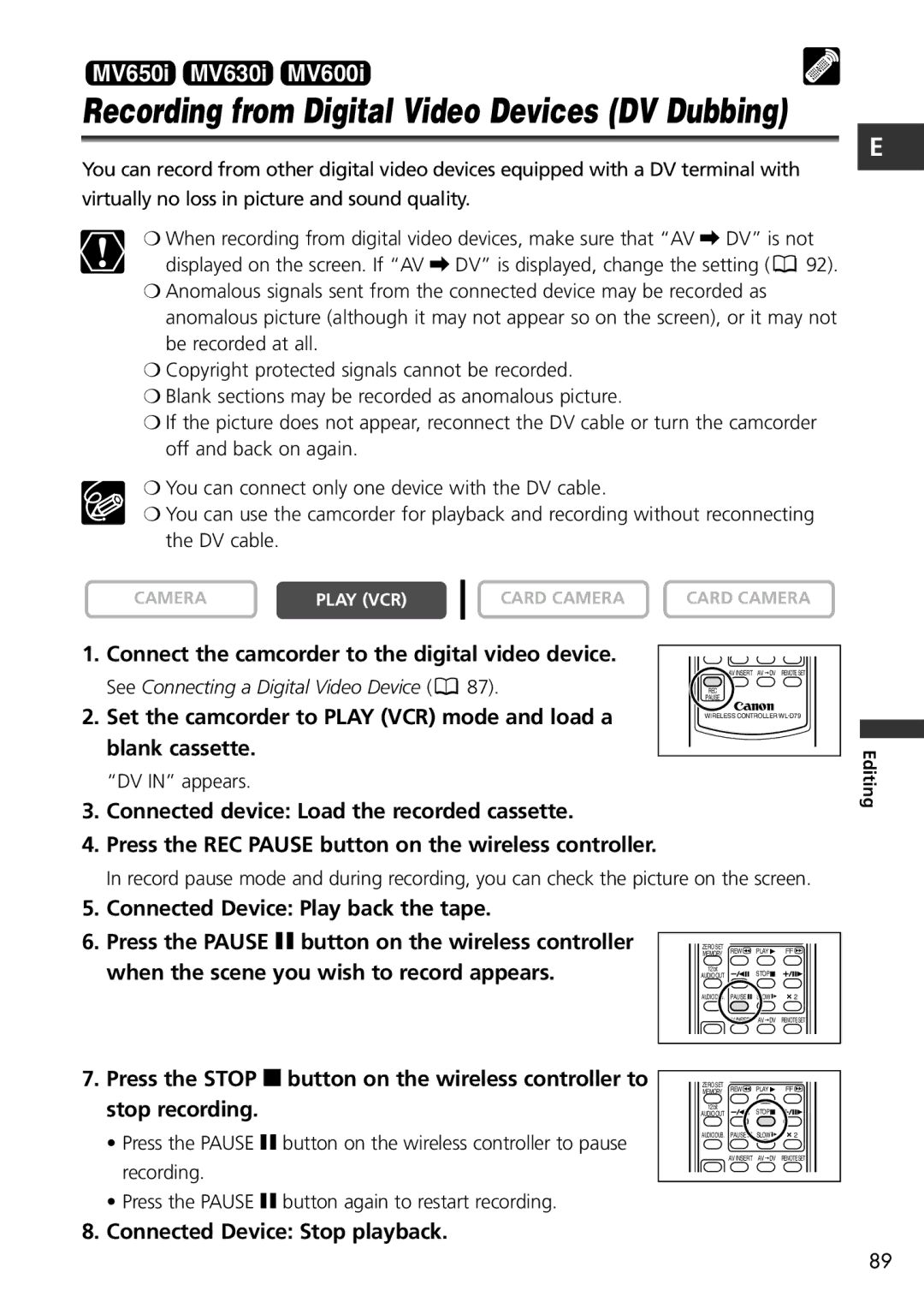 Canon MV600i, MV650i instruction manual Connect the camcorder to the digital video device 