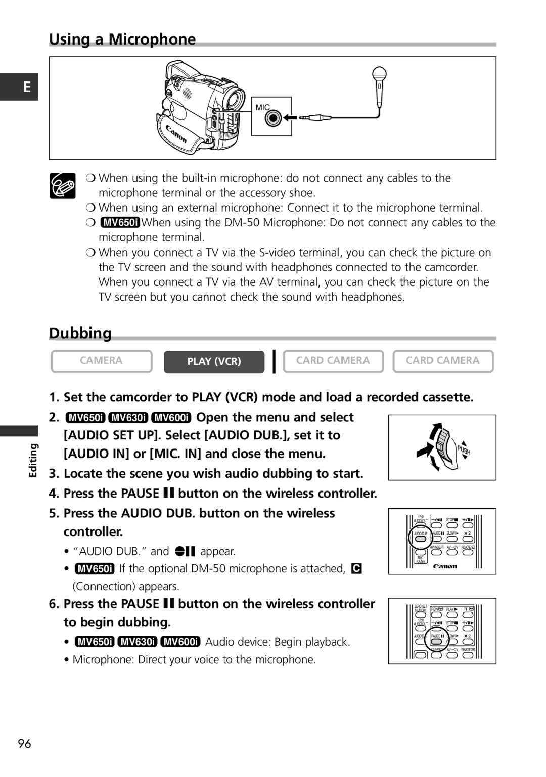 Canon MV650i, MV600i instruction manual Using a Microphone, Dubbing 