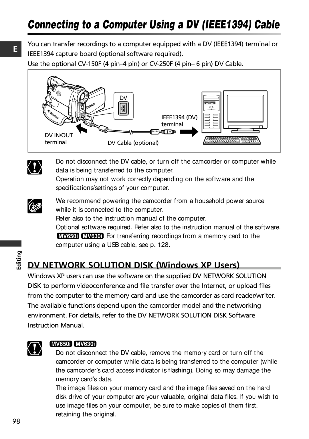 Canon MV650i, MV600i Connecting to a Computer Using a DV IEEE1394 Cable, DV Network Solution Disk Windows XP Users 