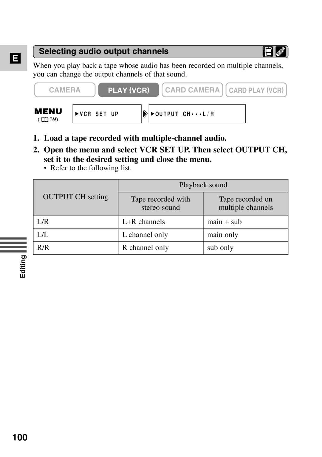 Canon MV6iMC instruction manual 100, Selecting audio output channels 