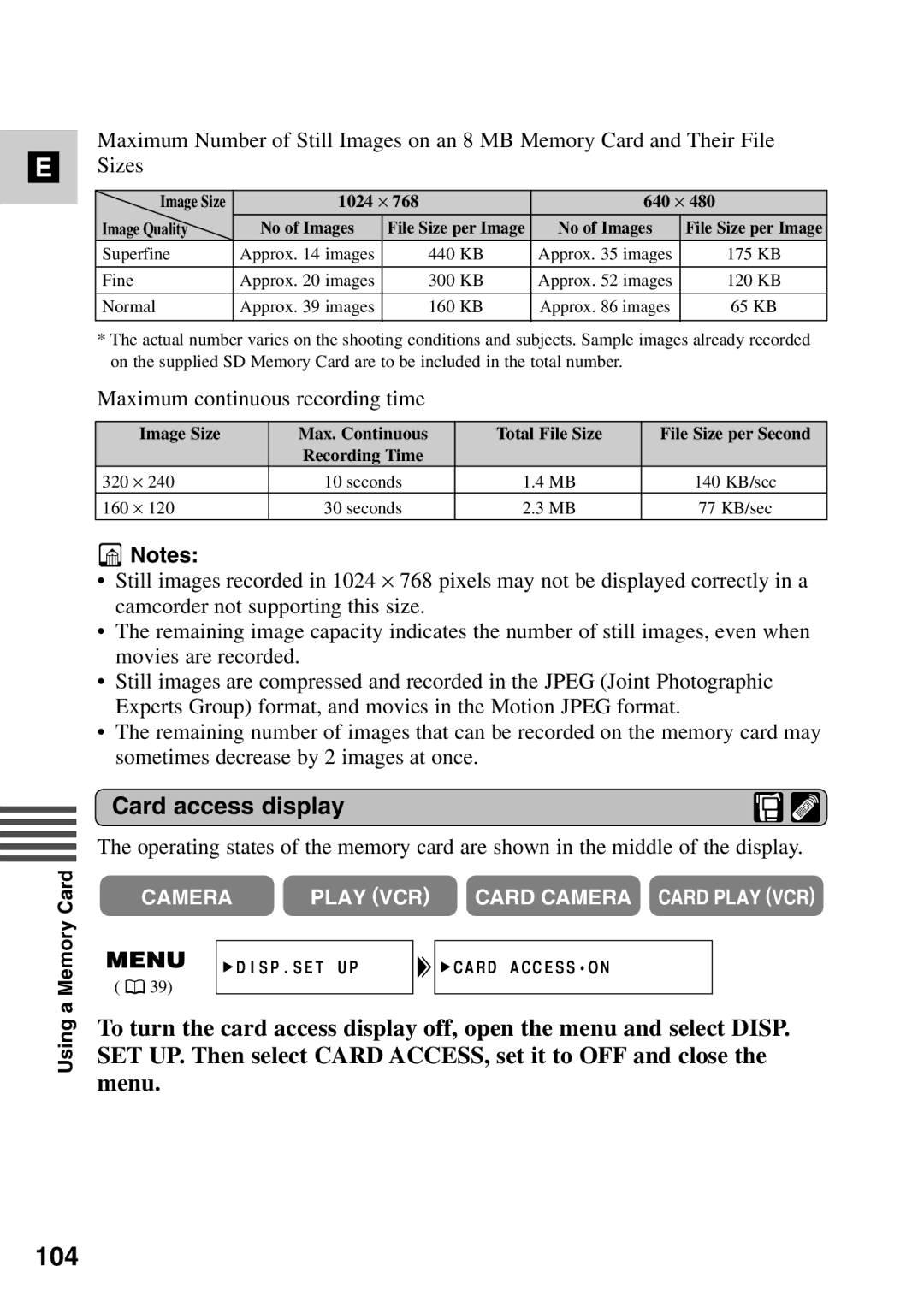 Canon MV6iMC instruction manual 104, Card access display 