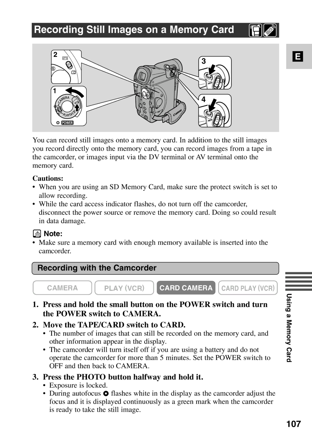 Canon MV6iMC instruction manual Recording Still Images on a Memory Card, 107, Recording with the Camcorder 