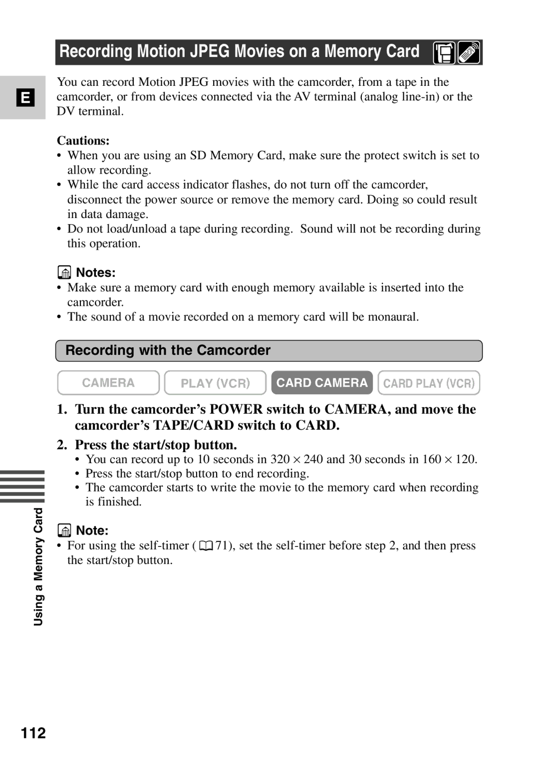 Canon MV6iMC instruction manual Recording Motion Jpeg Movies on a Memory Card, 112 