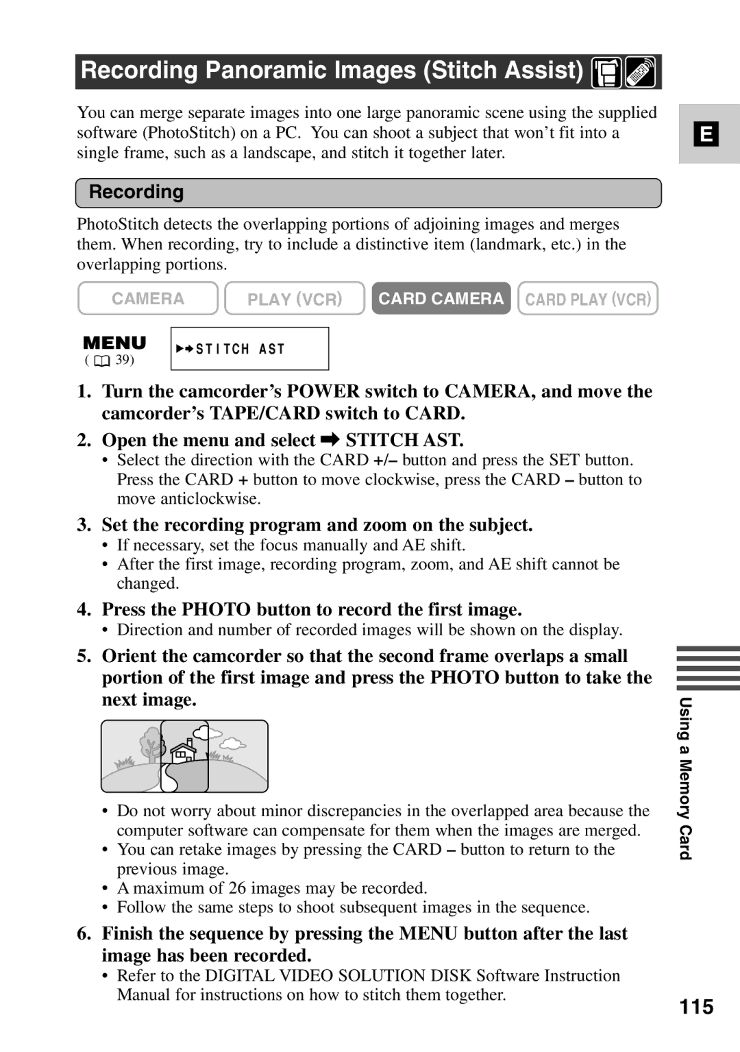 Canon MV6iMC Recording Panoramic Images Stitch Assist, 115, Set the recording program and zoom on the subject 