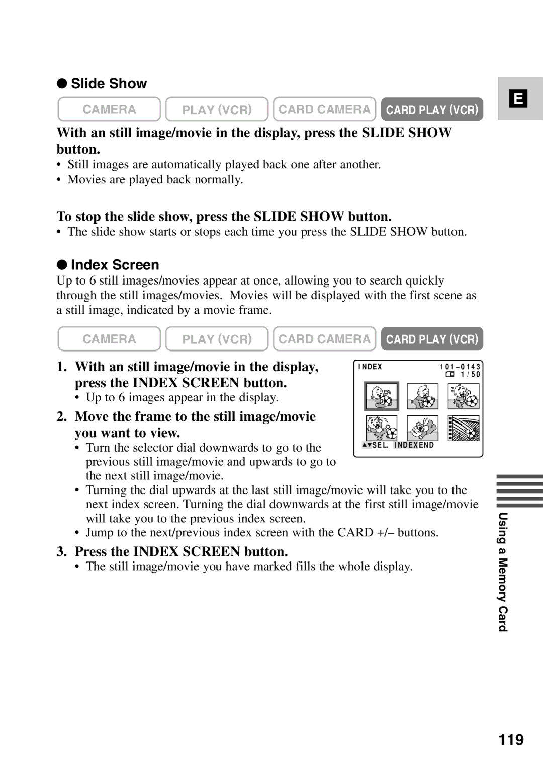 Canon MV6iMC instruction manual 119, To stop the slide show, press the Slide Show button, Index Screen 