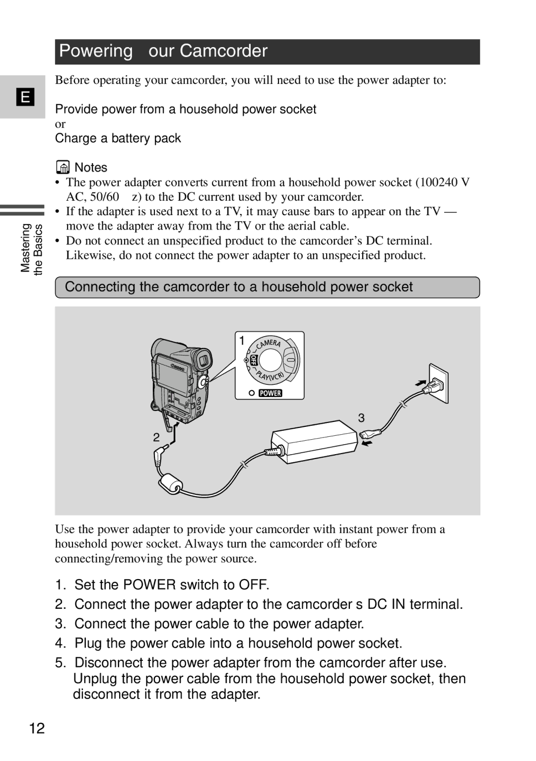 Canon MV6iMC instruction manual Powering Your Camcorder, Connecting the camcorder to a household power socket 