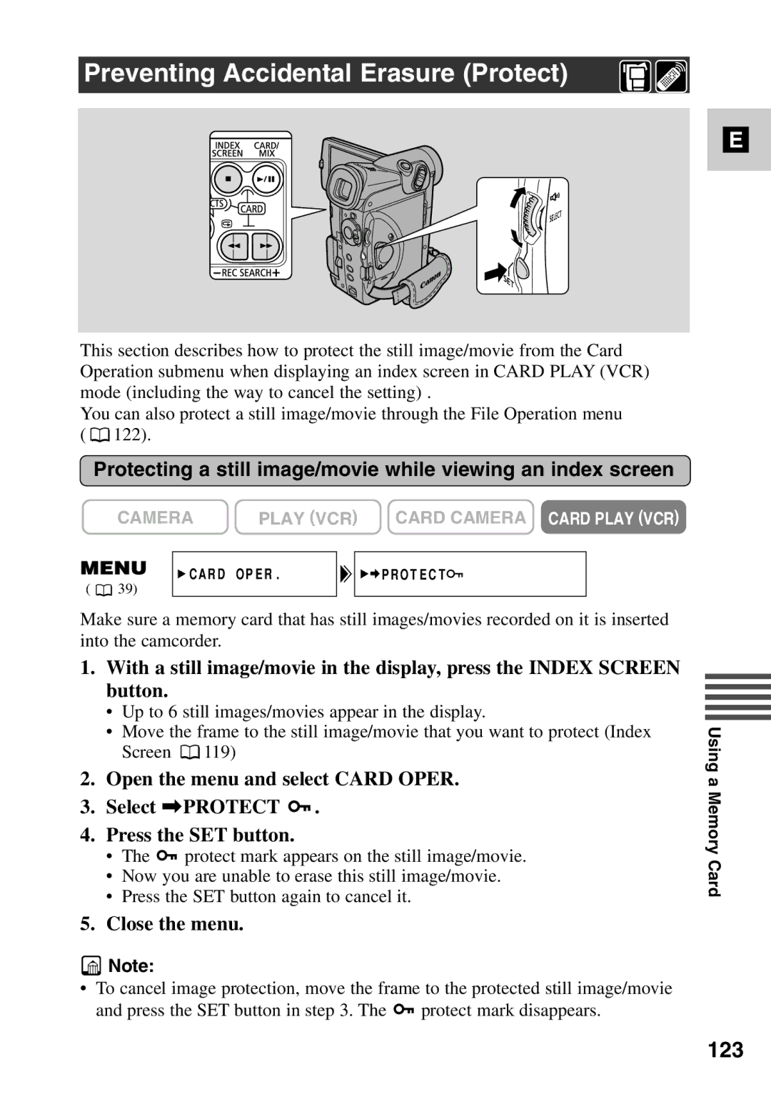 Canon MV6iMC instruction manual Preventing Accidental Erasure Protect, 123 