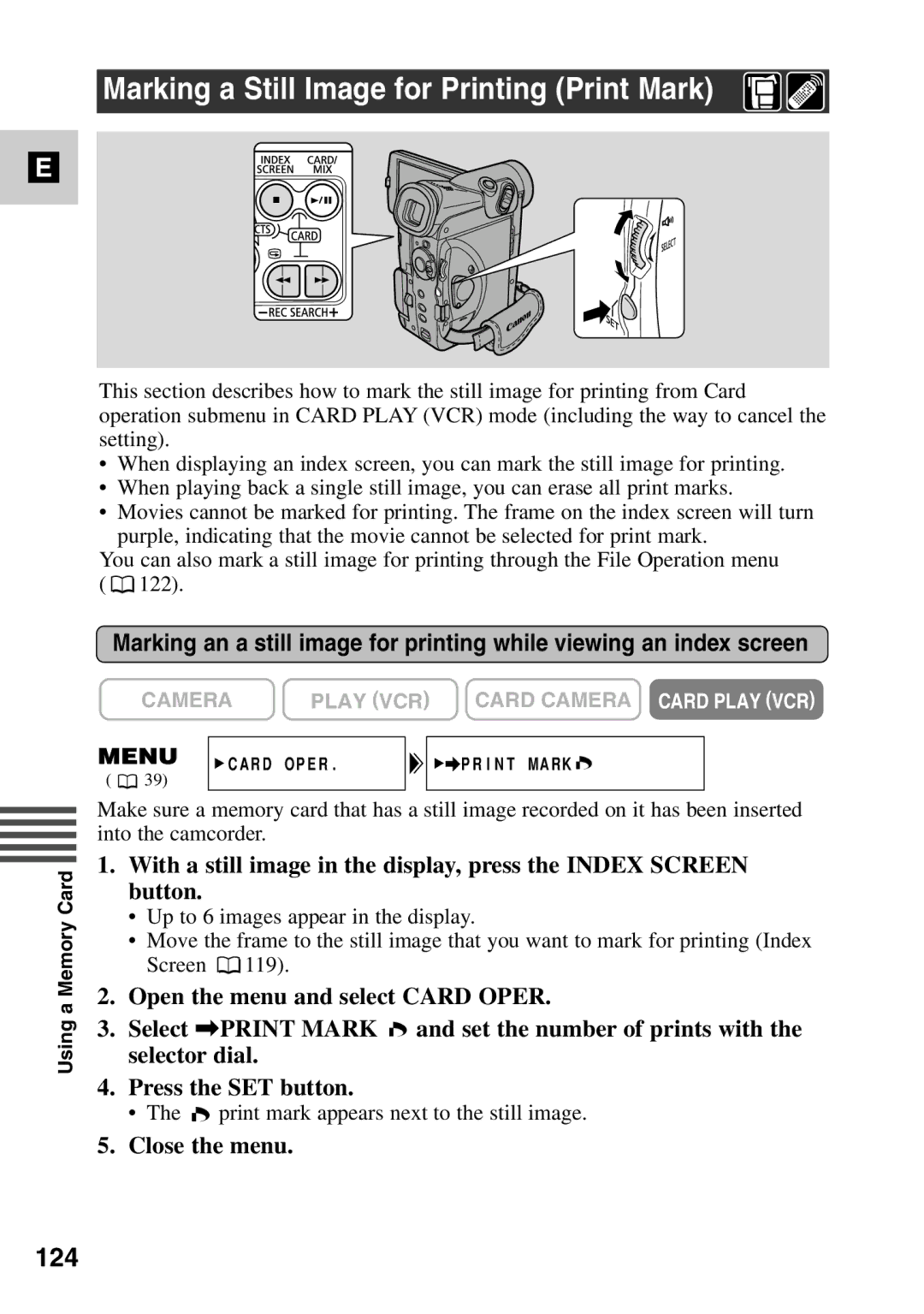 Canon MV6iMC instruction manual Marking a Still Image for Printing Print Mark, 124 