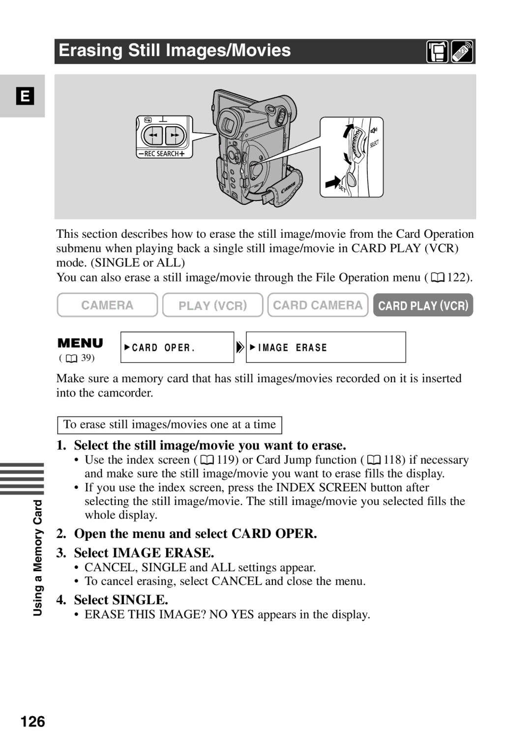 Canon MV6iMC Erasing Still Images/Movies, 126, Select the still image/movie you want to erase, Select Single 