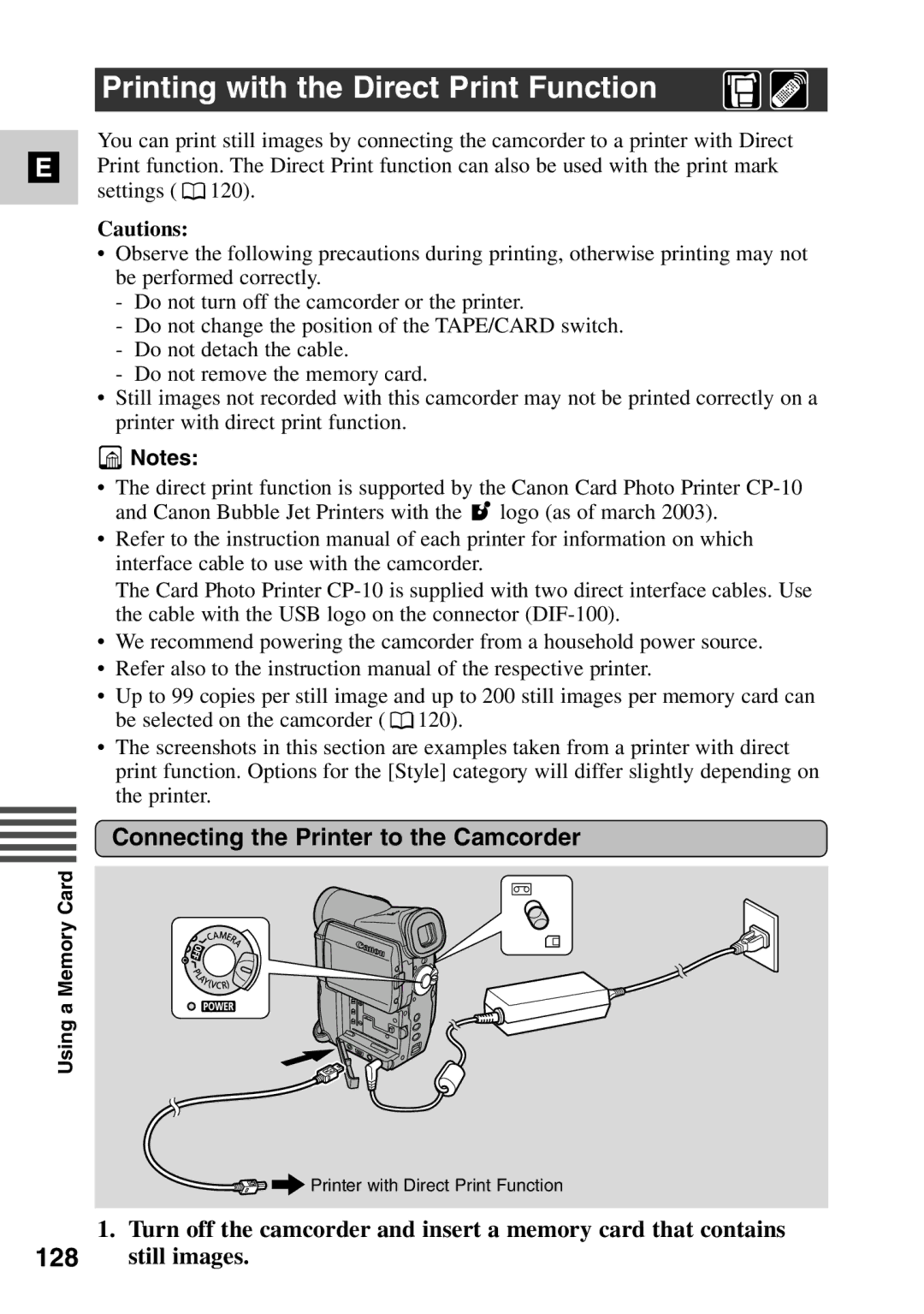 Canon MV6iMC instruction manual Printing with the Direct Print Function, Connecting the Printer to the Camcorder 