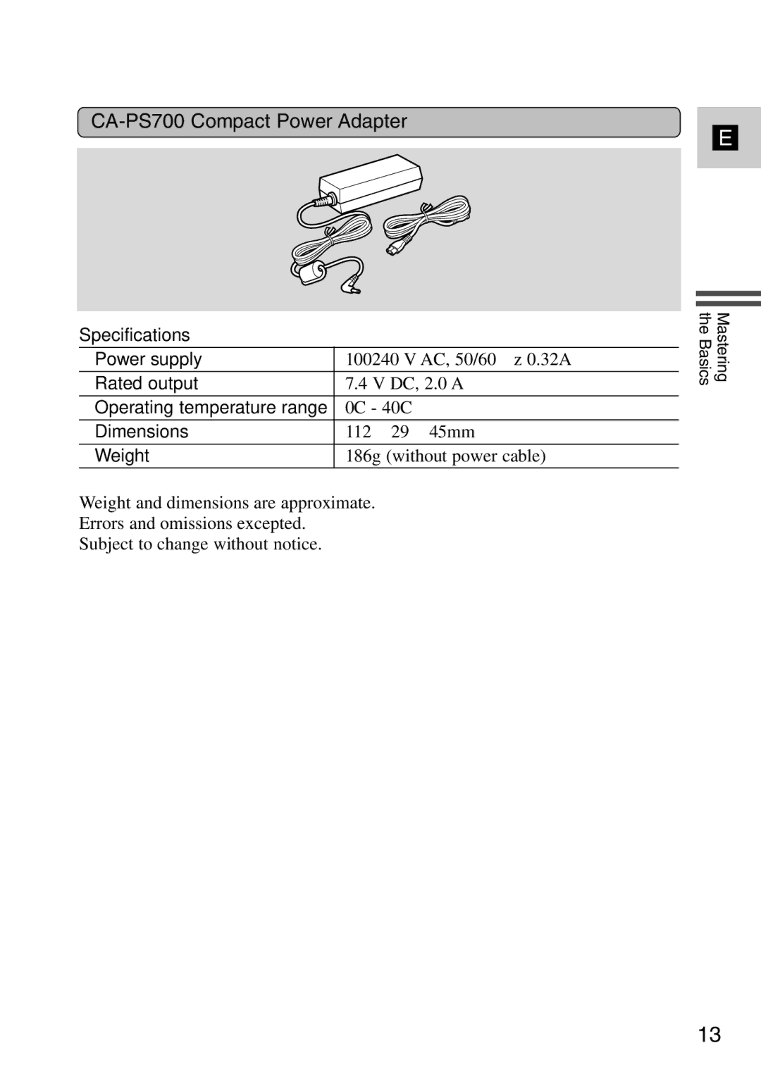 Canon MV6iMC instruction manual CA-PS700 Compact Power Adapter 