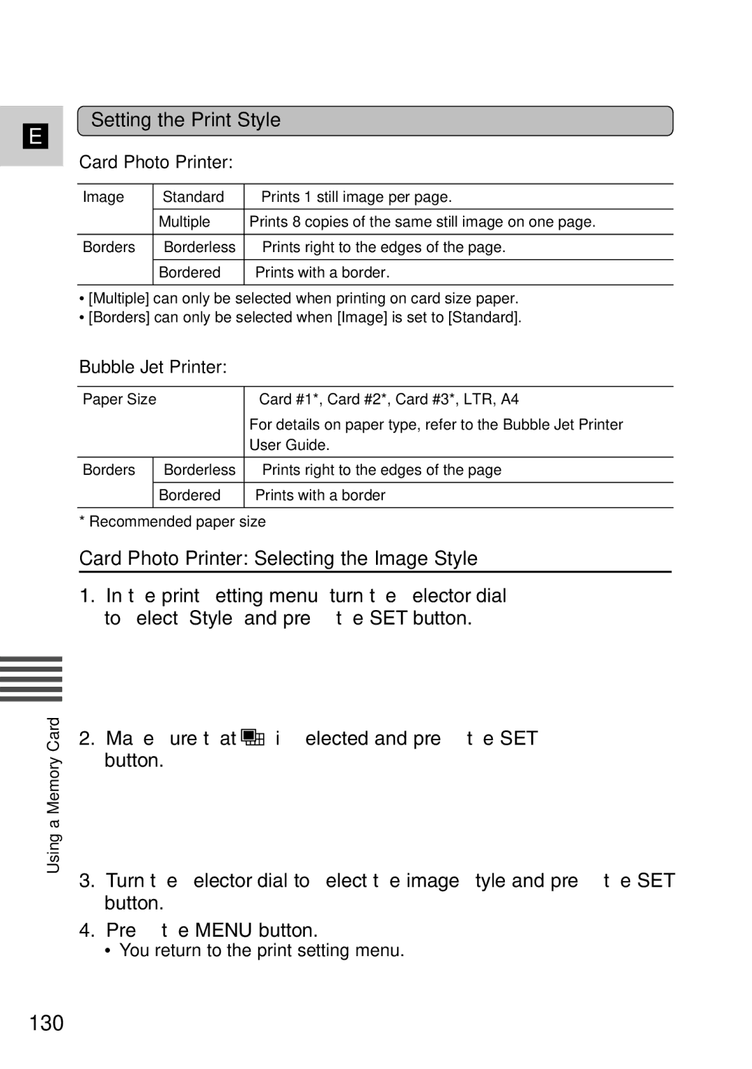 Canon MV6iMC instruction manual 130, Setting the Print Style, Card Photo Printer Selecting the Image Style 