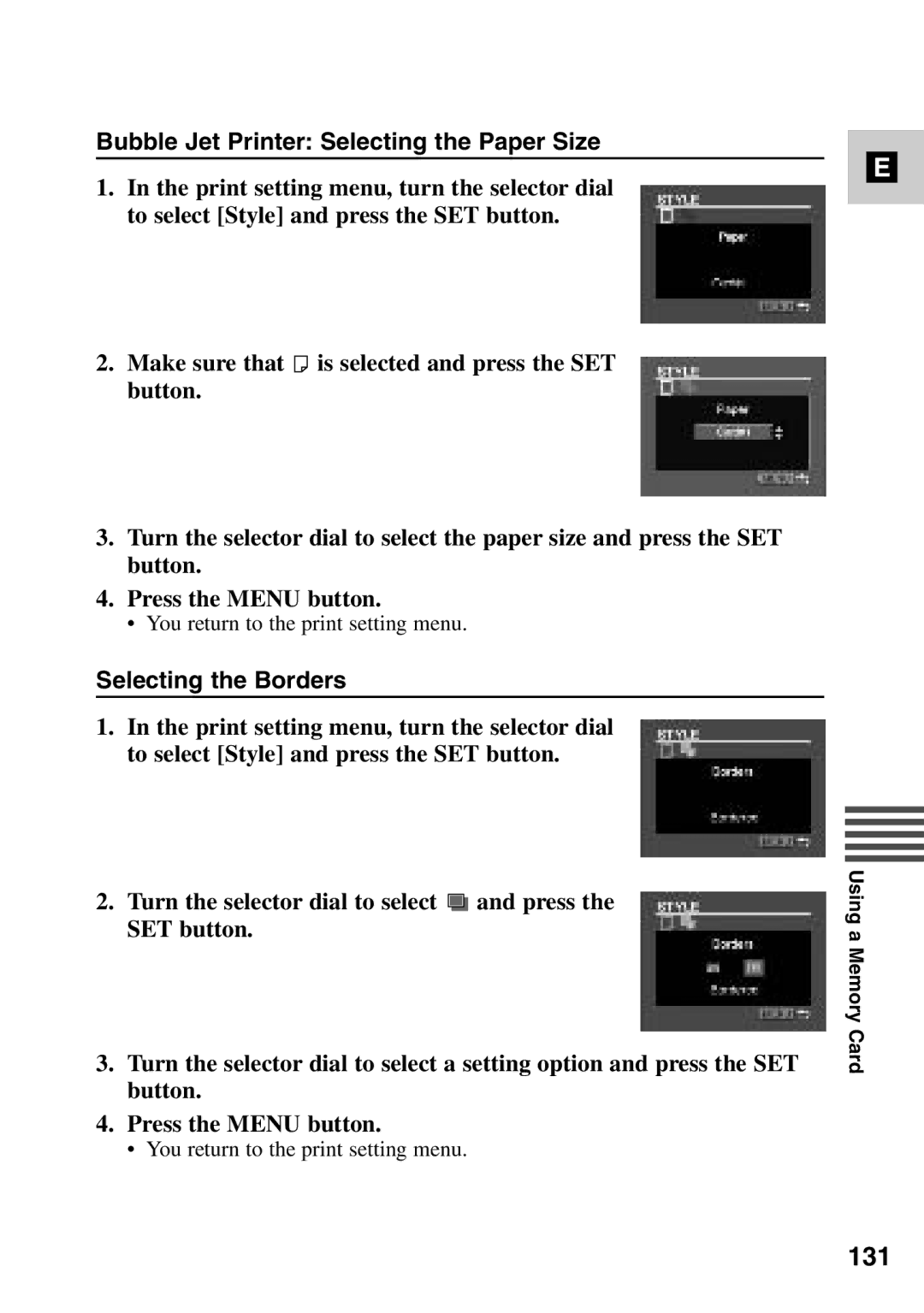 Canon MV6iMC instruction manual 131, Bubble Jet Printer Selecting the Paper Size, Selecting the Borders 