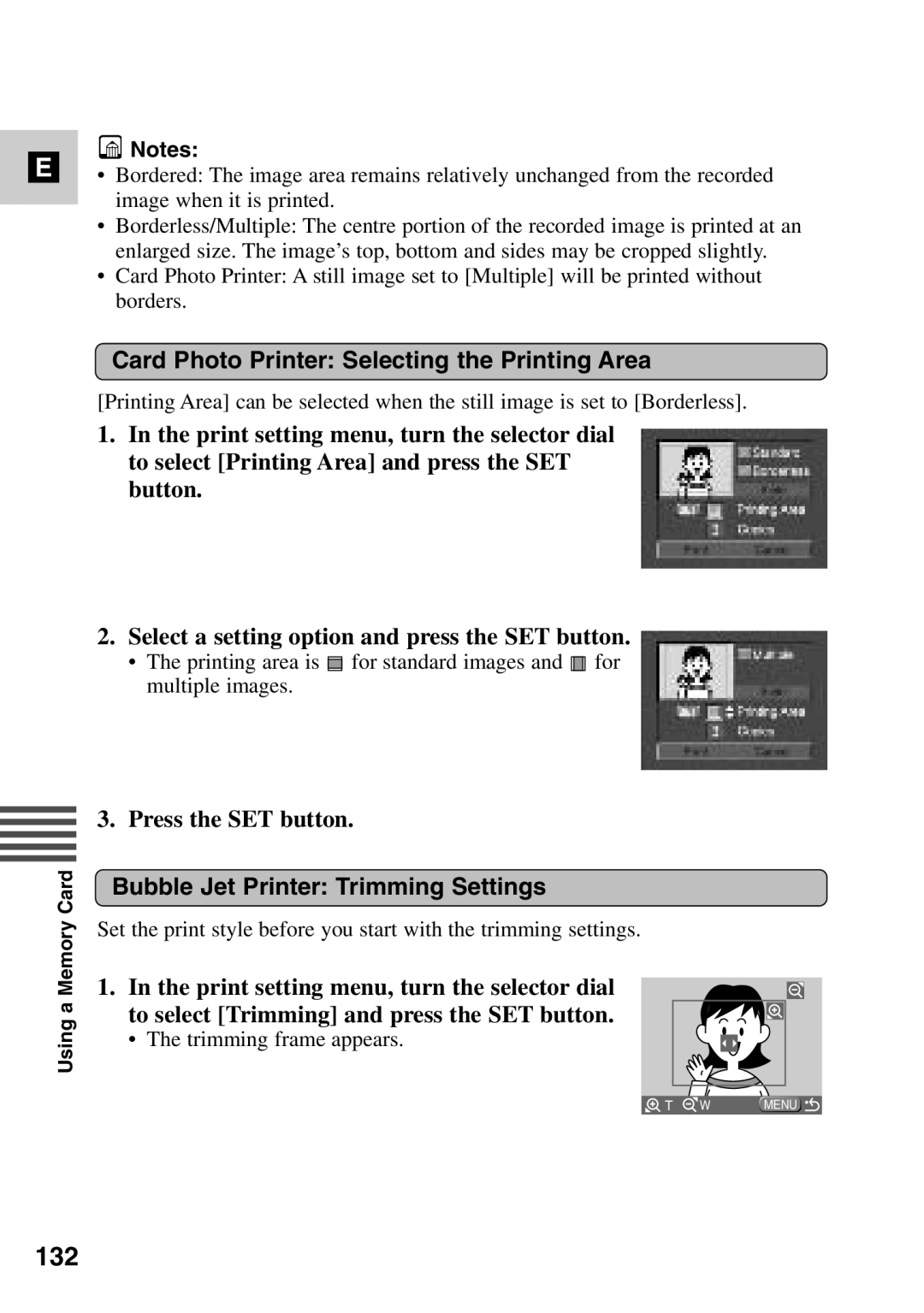 Canon MV6iMC instruction manual 132, Card Photo Printer Selecting the Printing Area, Bubble Jet Printer Trimming Settings 