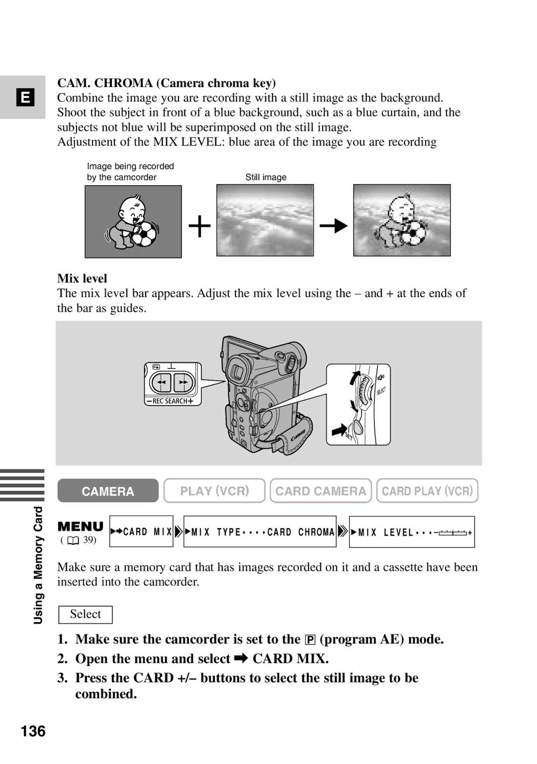 Canon MV6iMC instruction manual 136, CAM. Chroma Camera chroma key, Mix level 