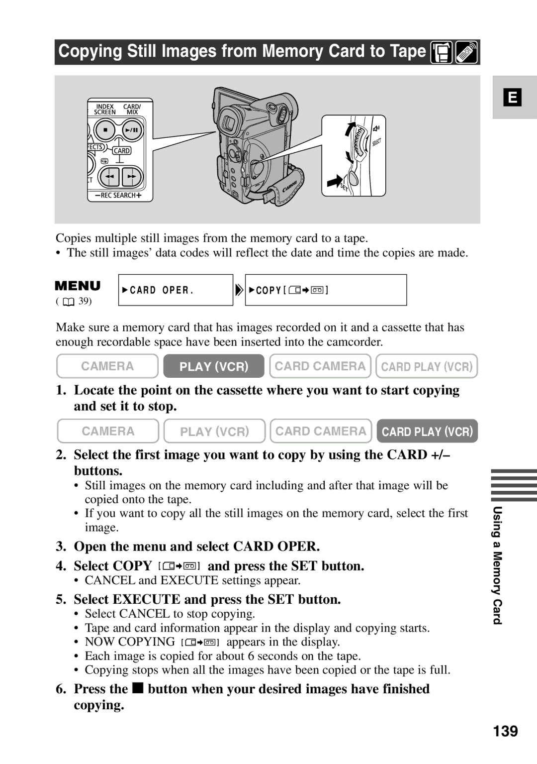 Canon MV6iMC instruction manual Copying Still Images from Memory Card to Tape, 139 