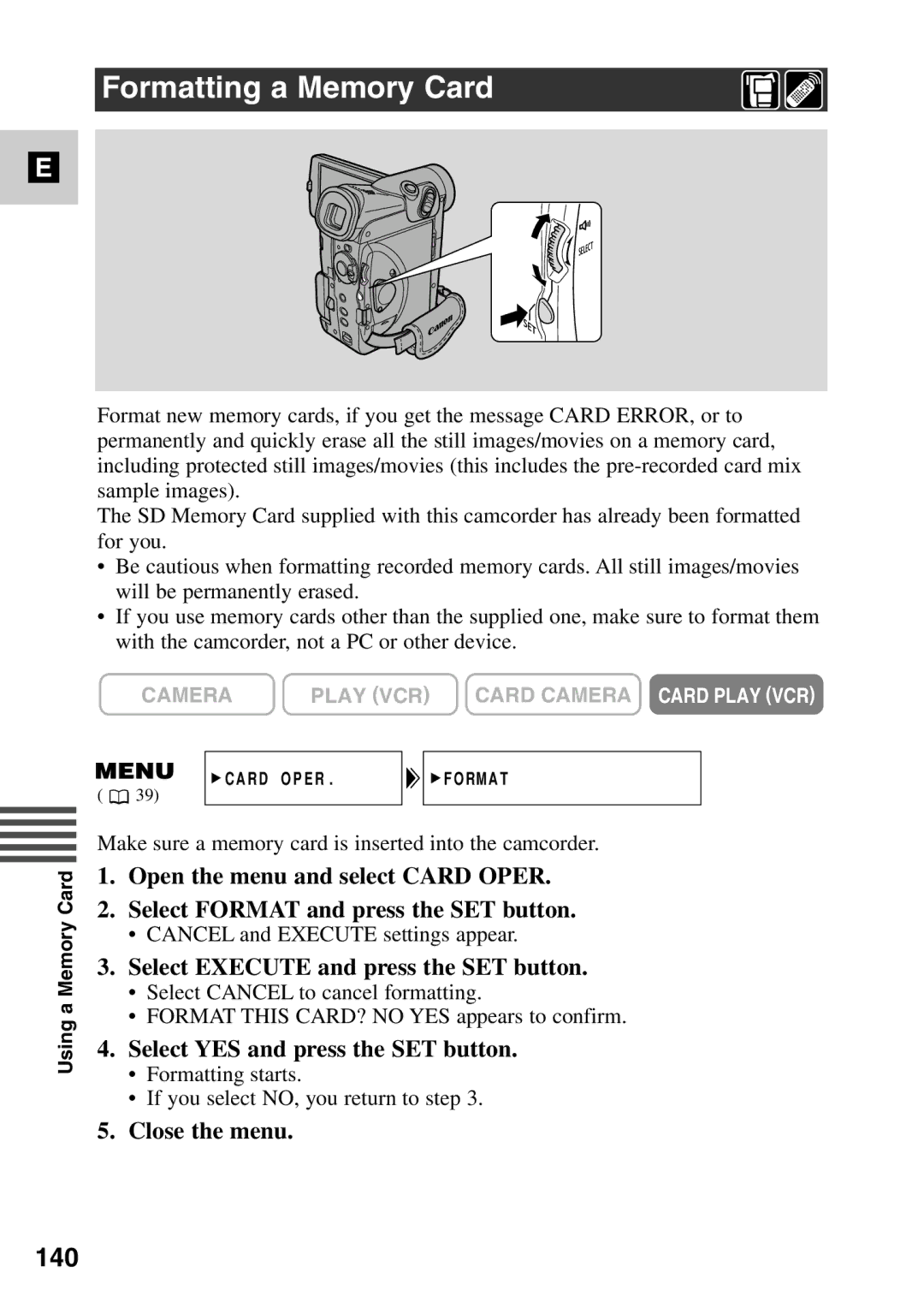 Canon MV6iMC instruction manual Formatting a Memory Card, 140 