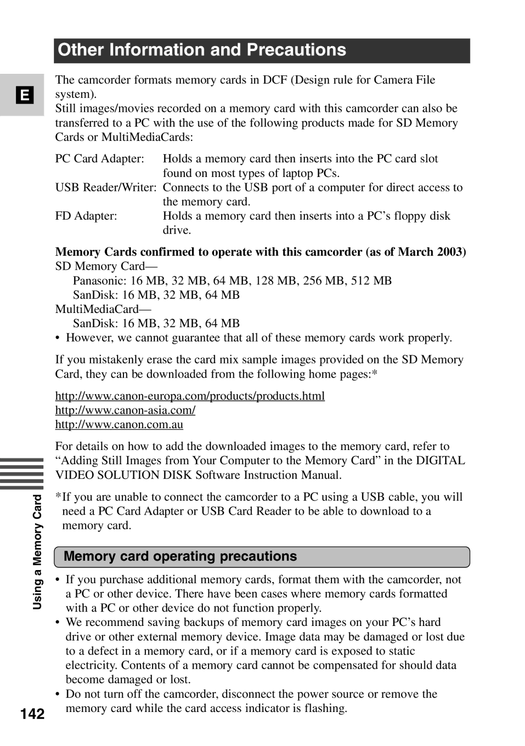 Canon MV6iMC instruction manual Other Information and Precautions, 142, Memory card operating precautions 