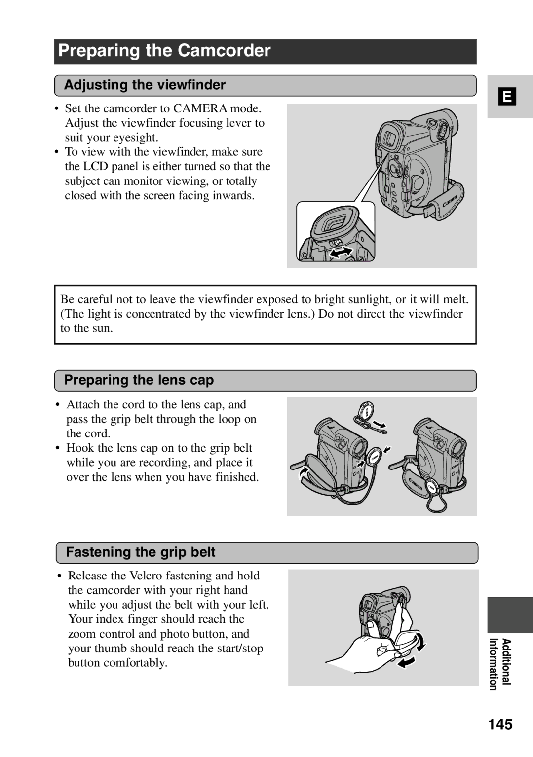 Canon MV6iMC Preparing the Camcorder, 145, Adjusting the viewfinder, Preparing the lens cap, Fastening the grip belt 